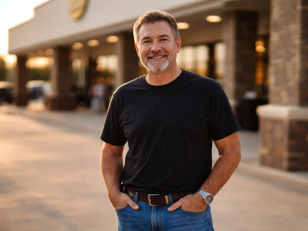 Arch “Beaver” Aplin III standing outside a Buc-ee’s store entrance, warm late-afternoon light.