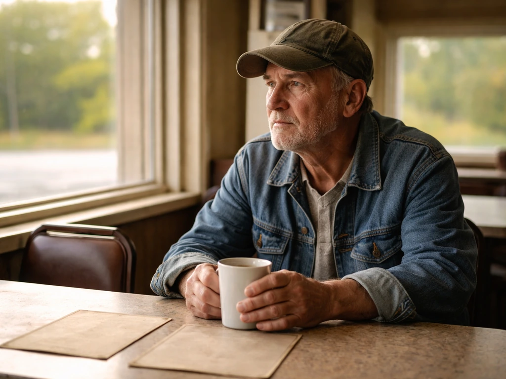 Buc-ee’s founder-inspired older man in a work cap and denim jacket at a quiet diner counter