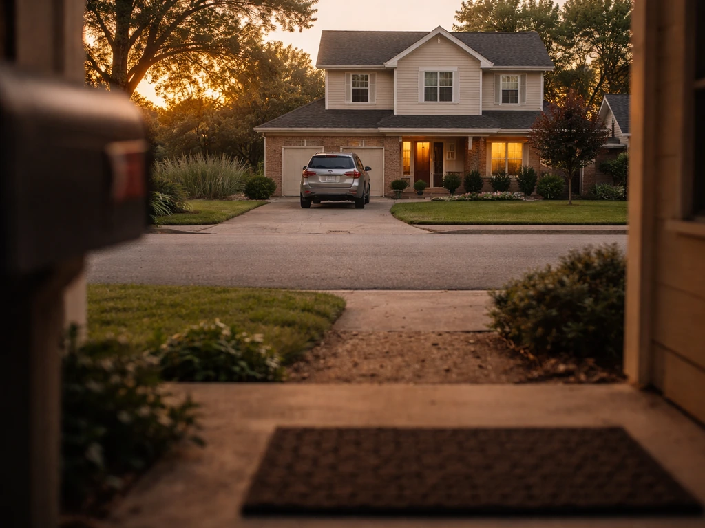 Warm-lit suburban home exterior in a quiet Lake Jackson neighborhood, suggesting family wealth and stability.