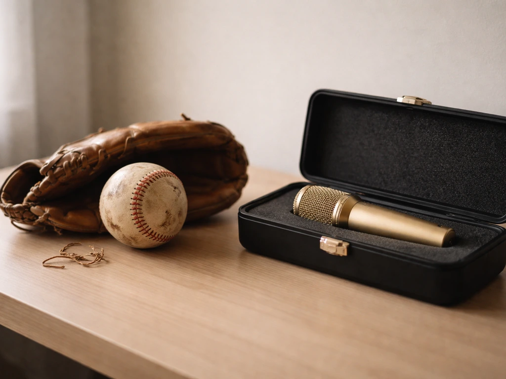 Minimal desk scene with a baseball glove and a microphone, symbolizing sports and music connections.