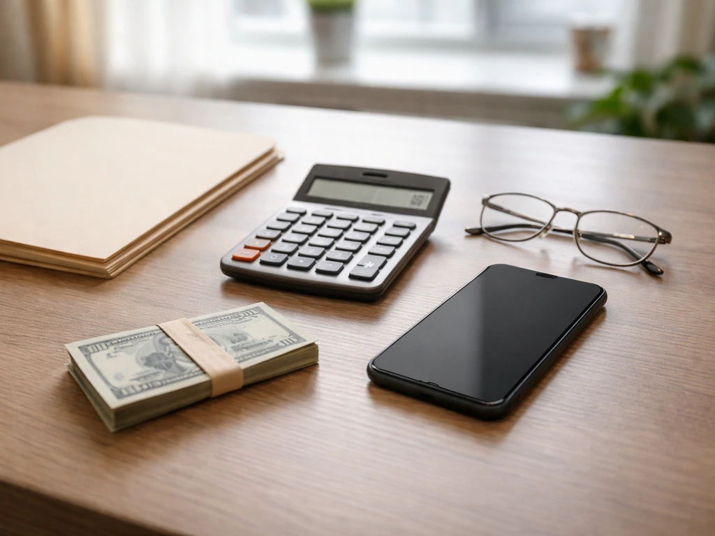 Minimal desk scene with a smartphone and folder representing an estimated net worth breakdown