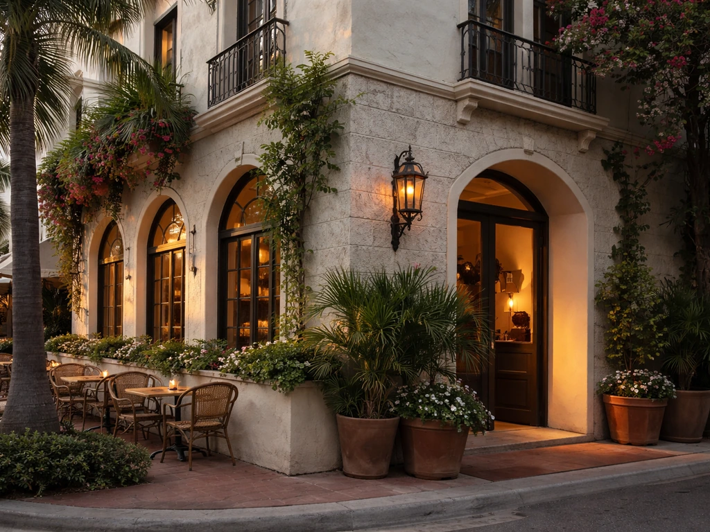 Exterior view of a French-Mediterranean restaurant in South Beach with warm lighting and elegant facade.