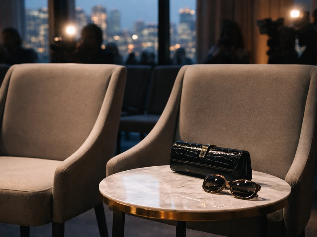 Empty front-row event seats with luxury accessories and city lights, symbolizing a high-profile wealthy couple