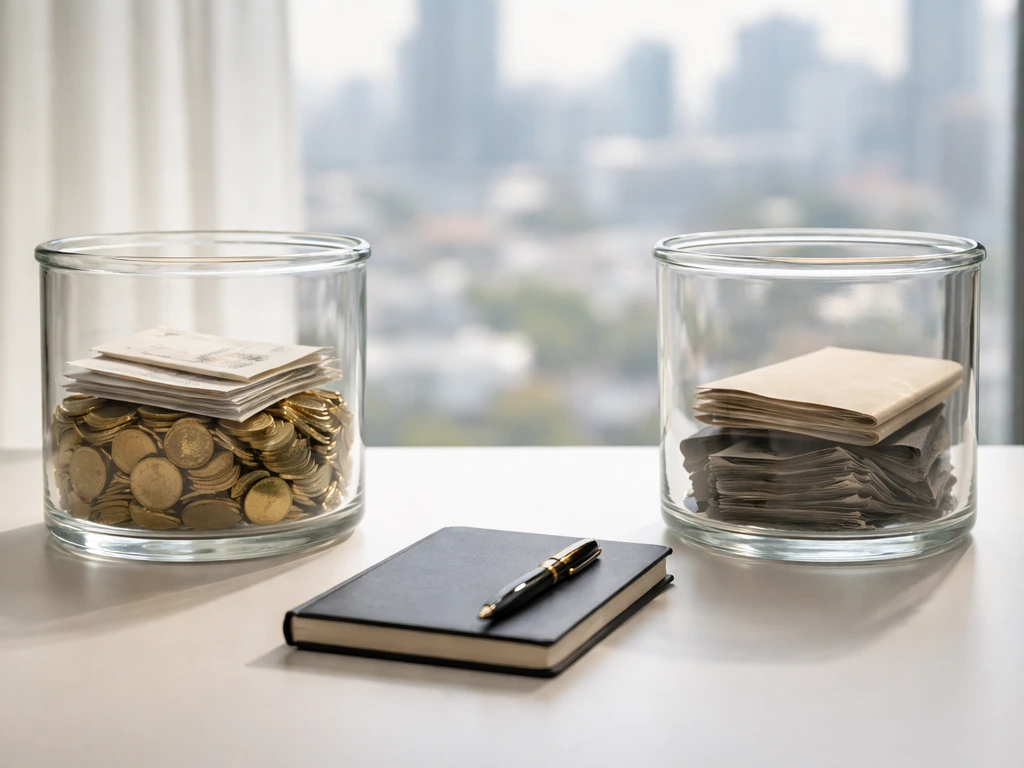 Minimal desk scene with two glass containers of money-like items representing assets and liabilities.