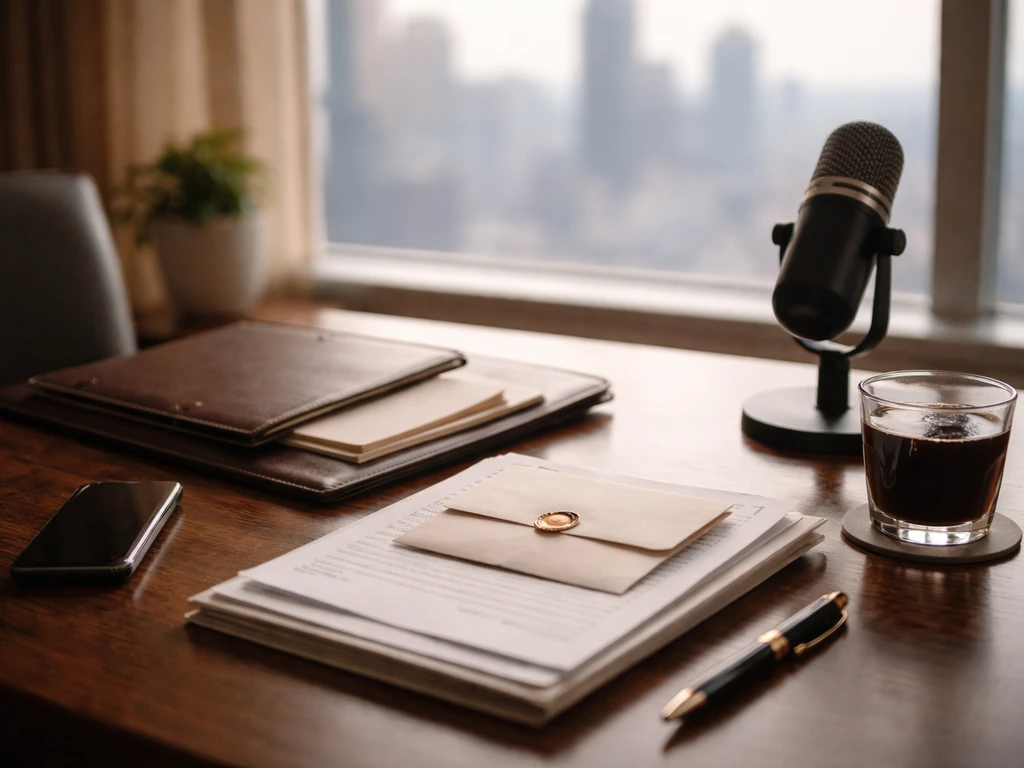 Minimal luxury office desk with documents, pen, smartphone, and microphone, suggesting wealth and business analysis