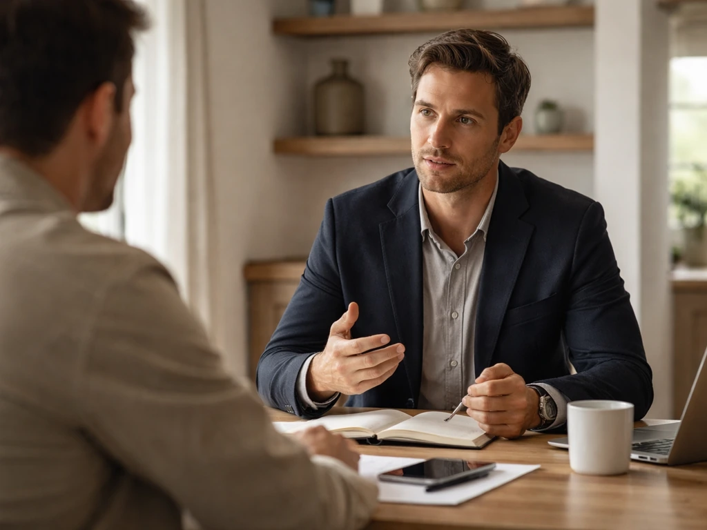 Unrecognizable co-CEO businessman discussing strategy in a minimalist farmhouse-style office.