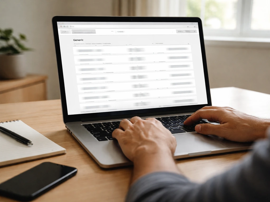Hand using a laptop to research a business registry, focused on search results-like browser page