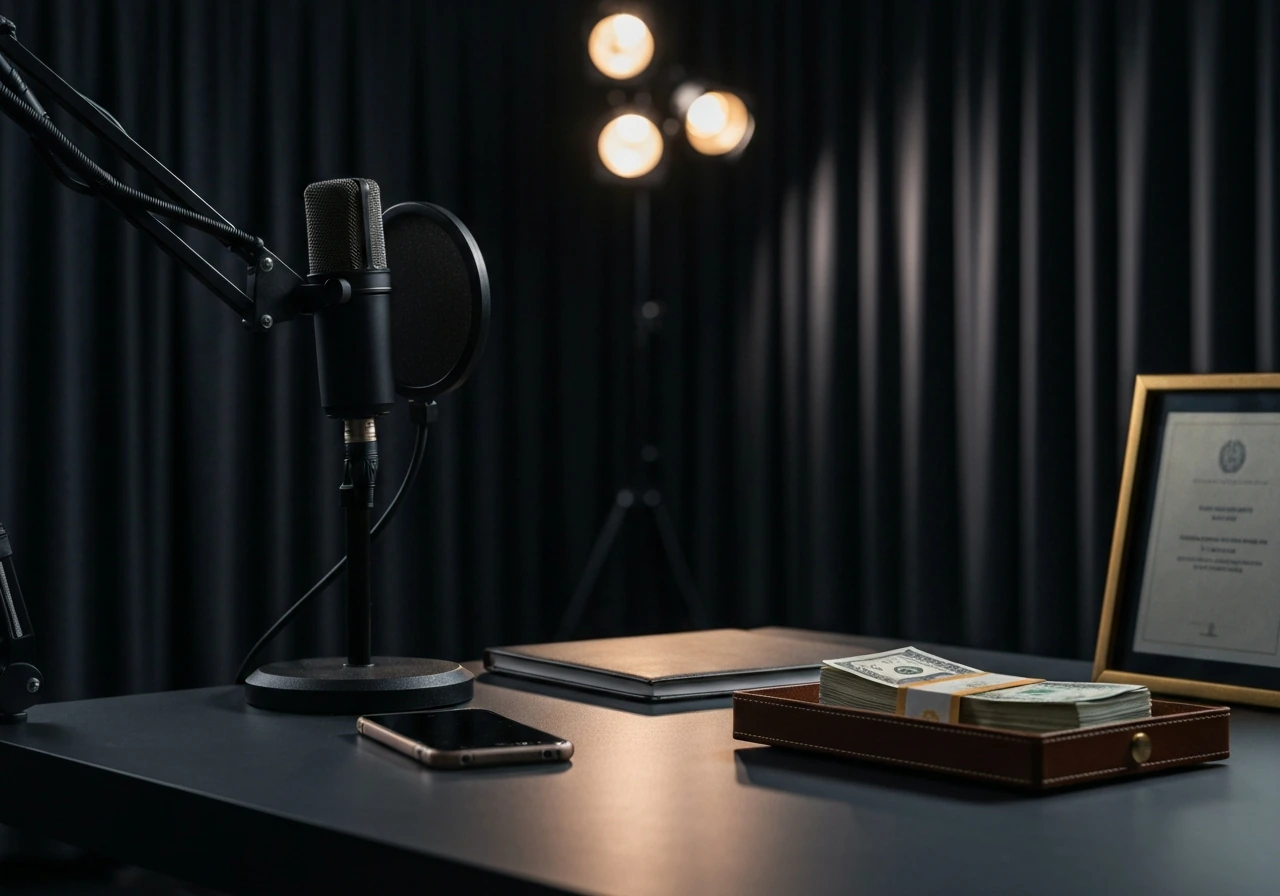 Minimal music-industry desk with microphone and subtle cash tray, signaling net-worth estimate context