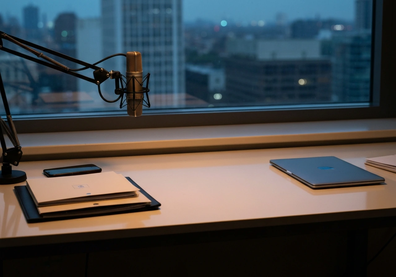 Minimal scene suggesting a music executive relationship context: dark studio desk with mic and business documents