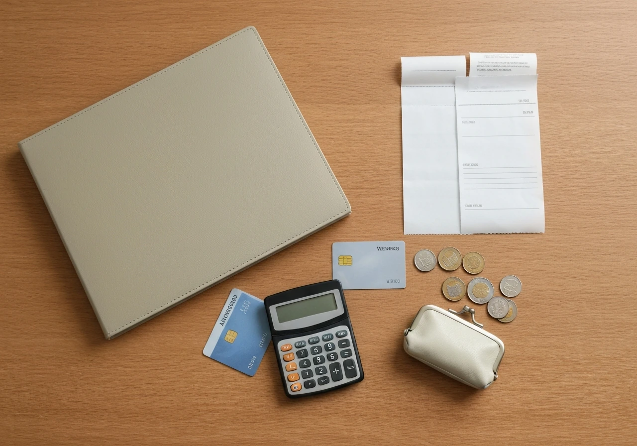 Minimal photo of a small desk with scattered bank cards and a calculator beside a closed folder