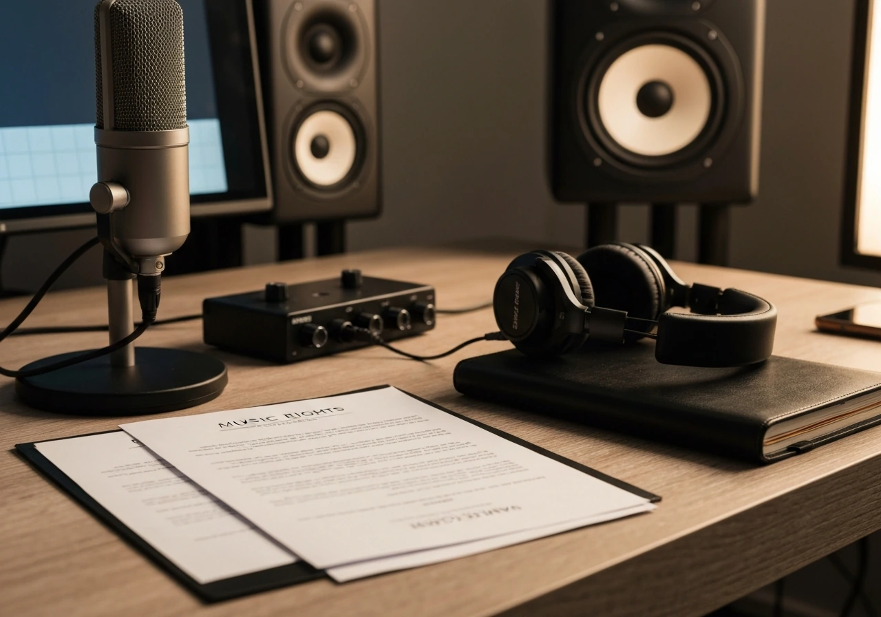 Close-up of a producer-style desk with studio gear and music business paperwork in soft natural light