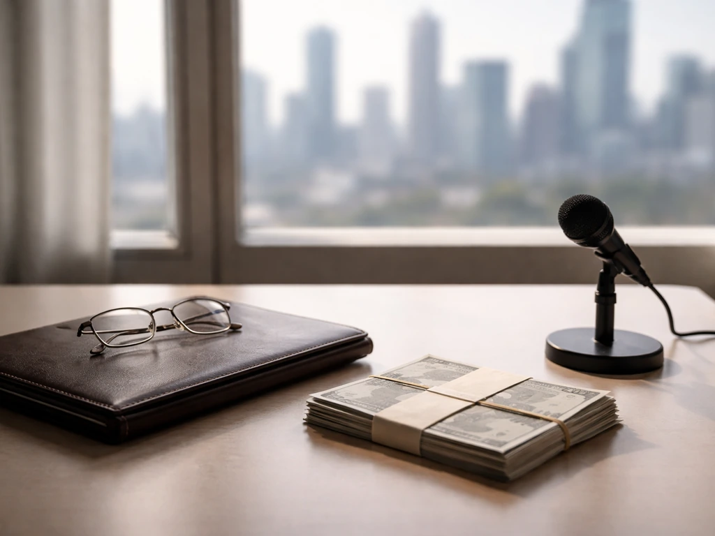 Minimal photo of a business desk with a microphone and scattered cash-like envelopes, symbolizing net-worth estimates.