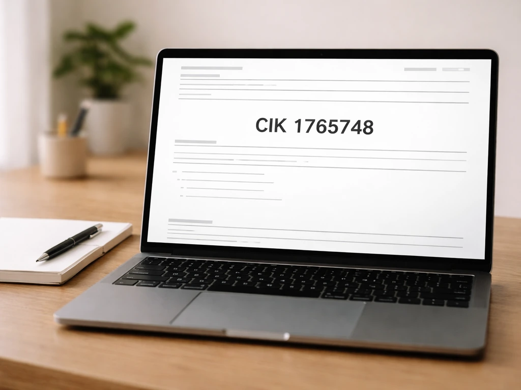 Close-up of an SEC-style filing page on a laptop showing CIK 1765748, minimal desk setup
