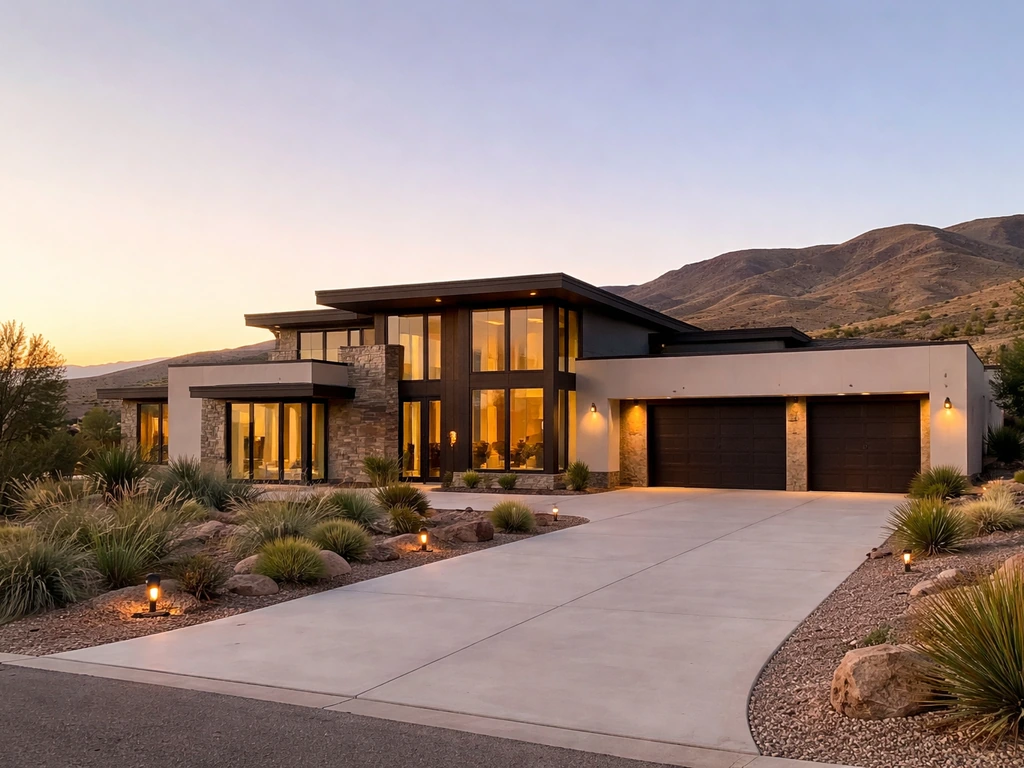 Modern Utah home exterior with desert landscaping and distant mountains at golden hour.