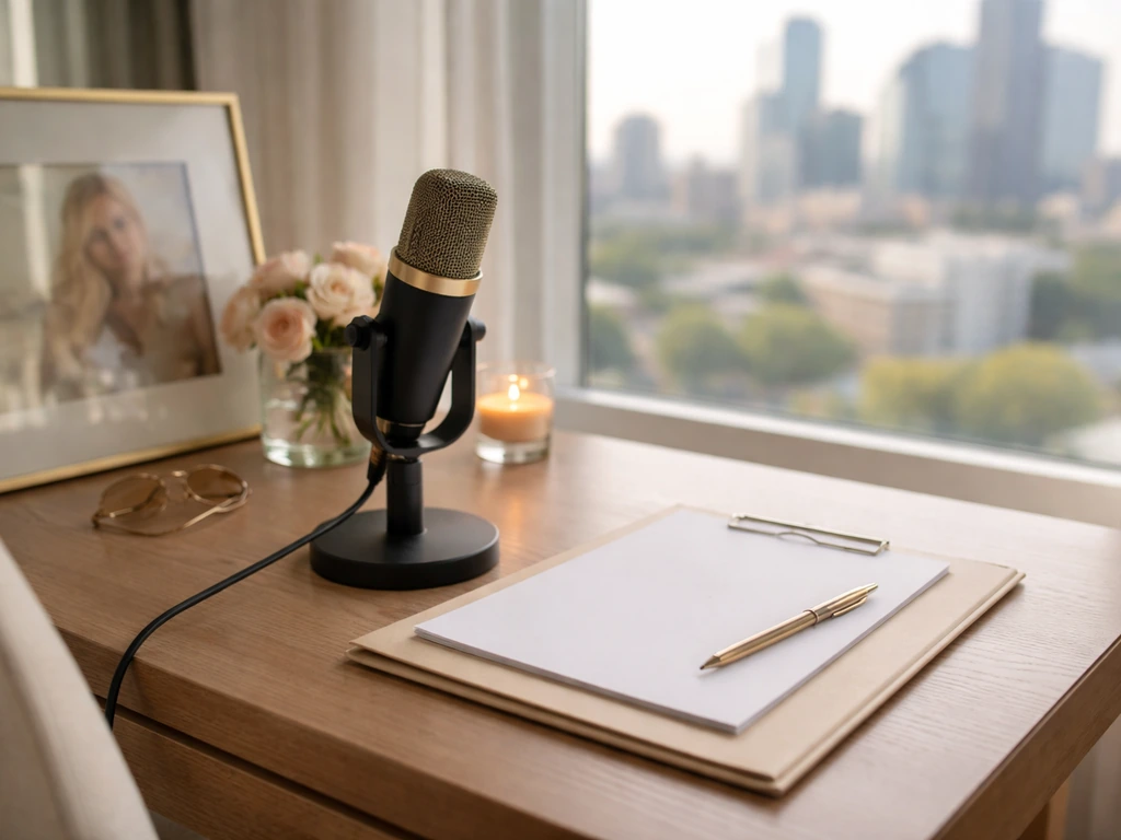 Stylish home office desk with a studio microphone and upscale window view, symbolizing media and wealth.