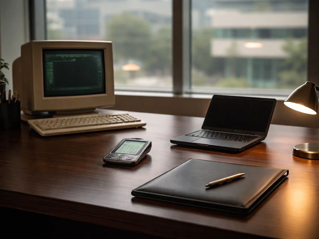 Vintage tech company atmosphere: empty executive desk with classic electronics and a subtle funding vibe.