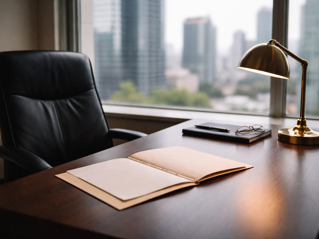 Clean photo of a private investment firm office workspace with a leather chair, folder, and warm city-window light.