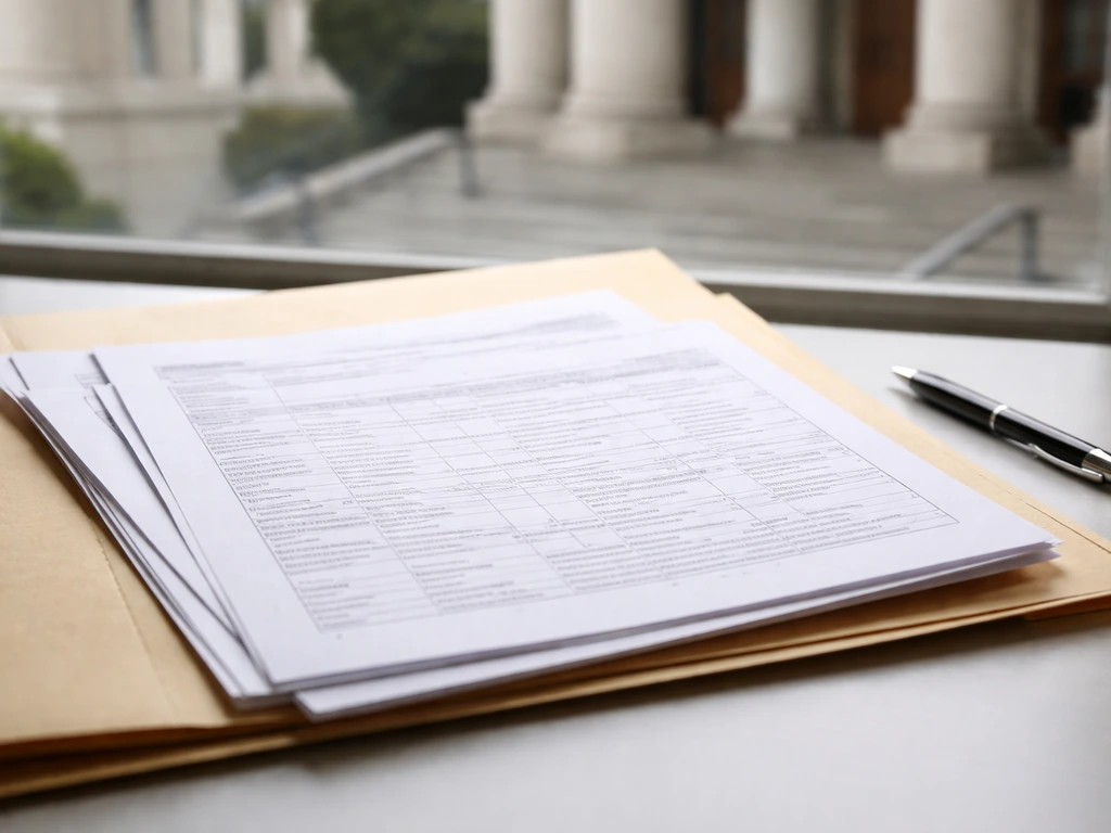 Close-up of printed property record pages in a manila folder on a desk near a courthouse stone wall view