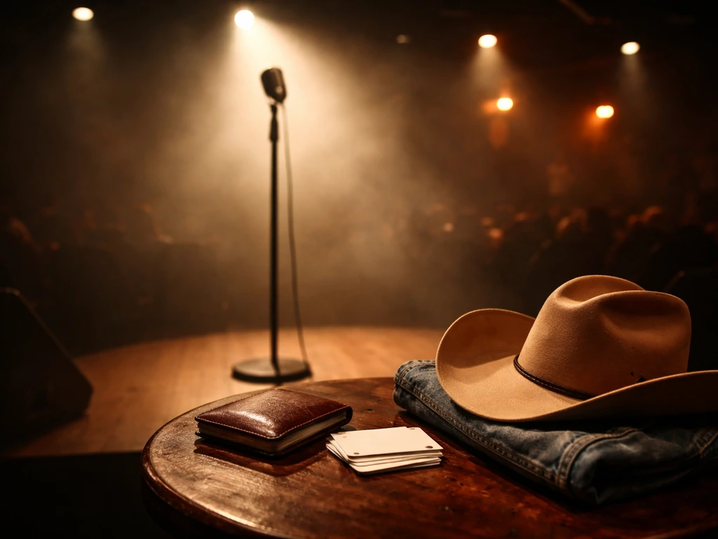 Empty comedy stage with a single microphone and small money/business items, symbolic media-lifestyle scene.