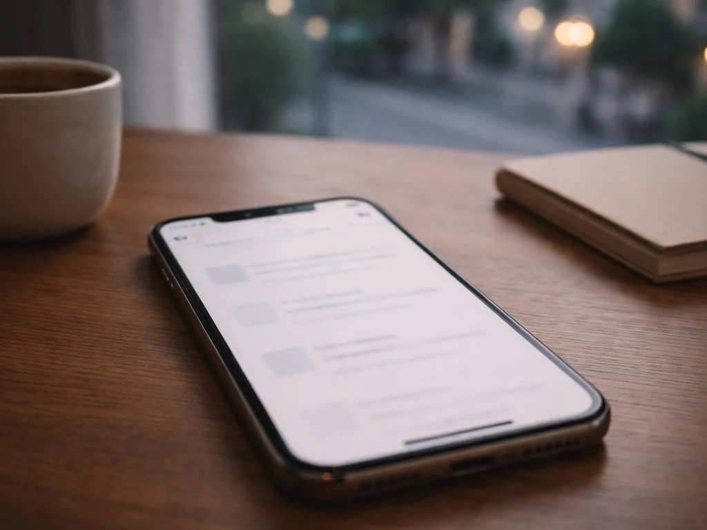 Empty search results on a phone screen beside a coffee cup and blurred city street at dusk