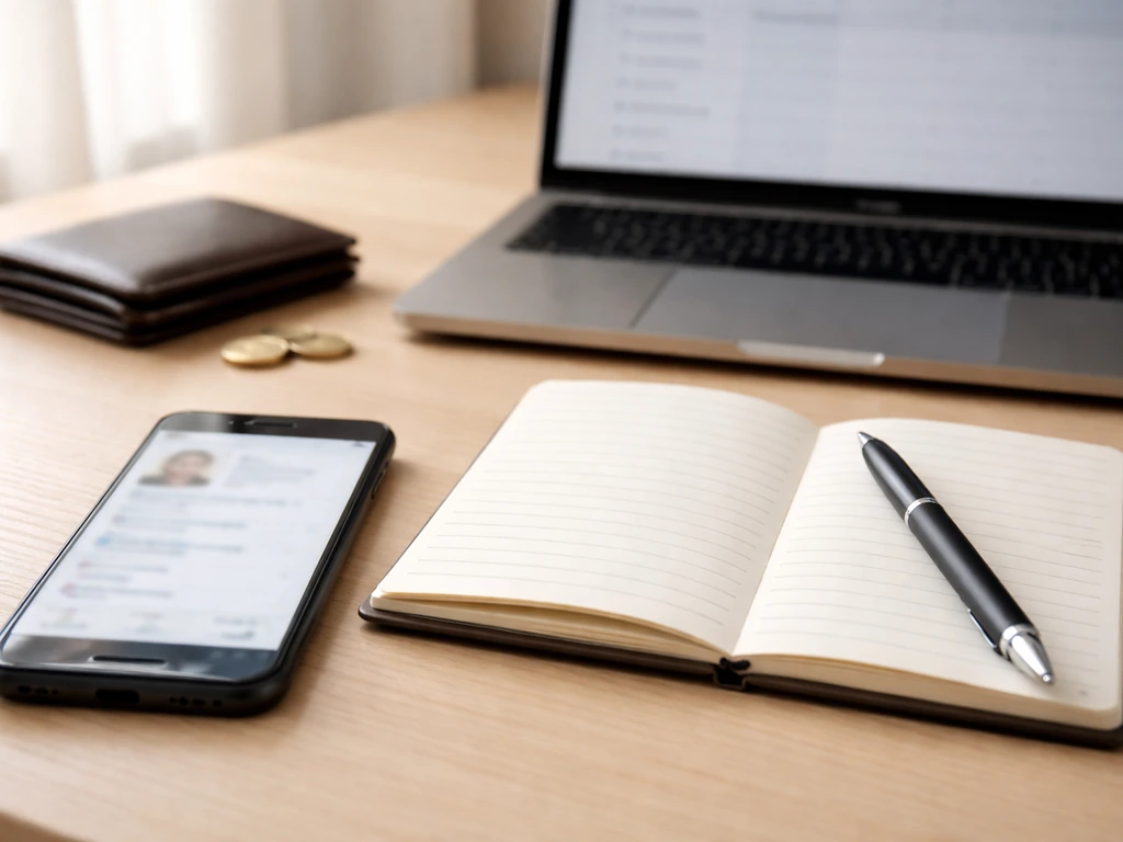Clean desk with phone, notebook, pen, and blurred laptop showing a privacy-safe verification workflow.