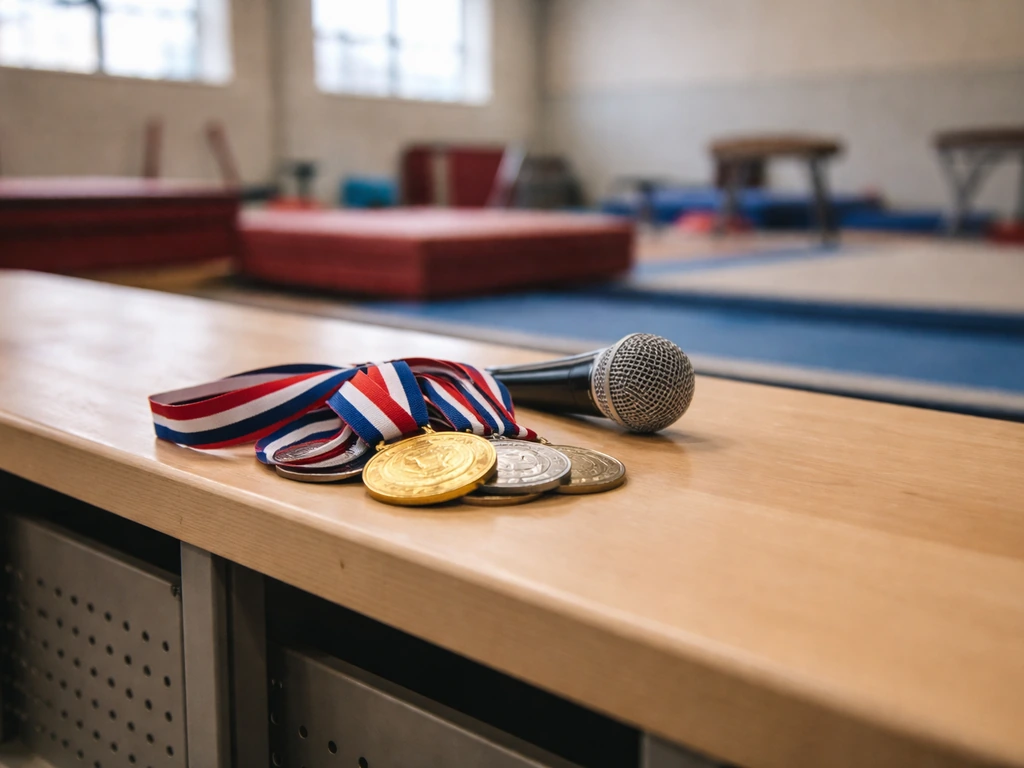Close-up of competition medals and a microphone on a gym bench, symbolizing early career before marriage.