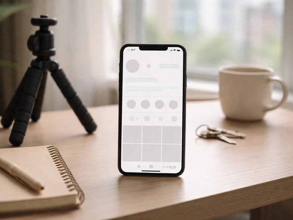 Minimal desk setup with smartphone showing an anonymous social media profile header mock