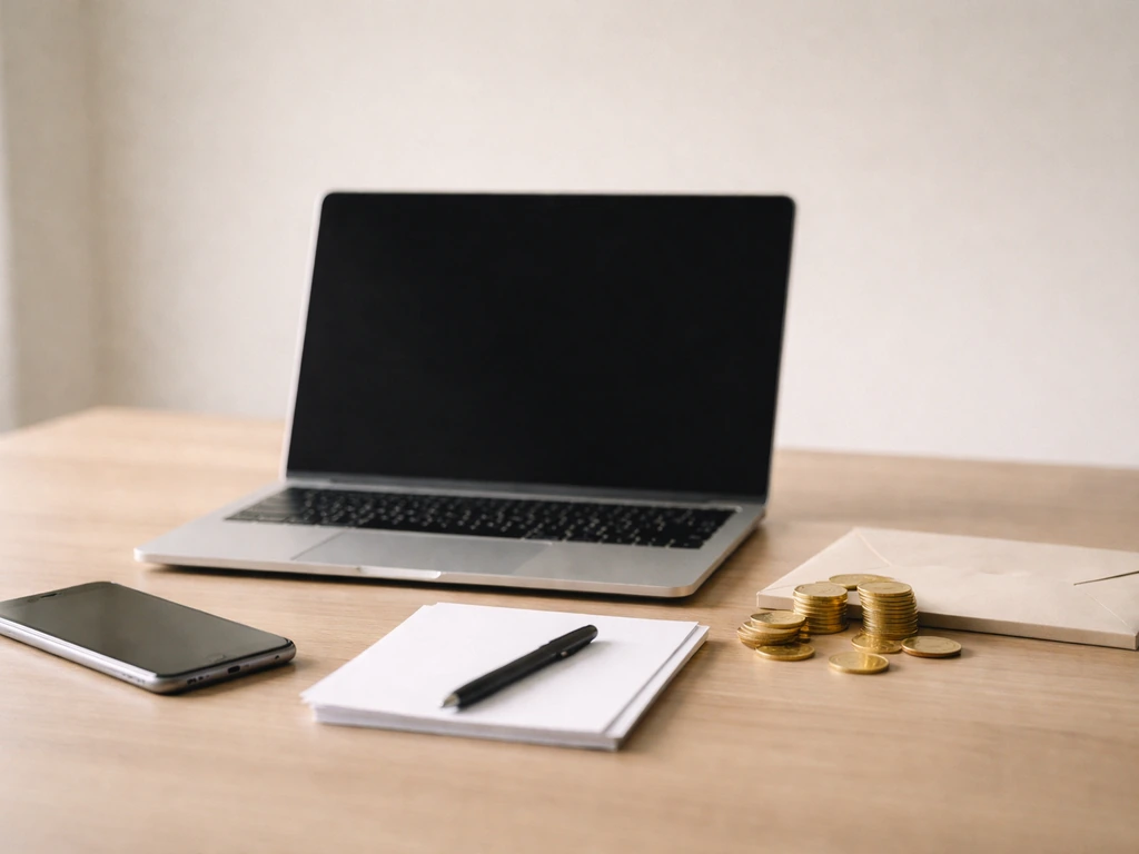 Minimal desk scene symbolizing influencer net-worth estimates with envelopes, coins, and a phone