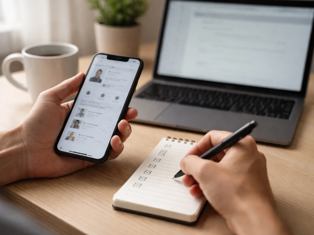 Anonymous hands using a phone and checklist to verify business claims at a quiet desk