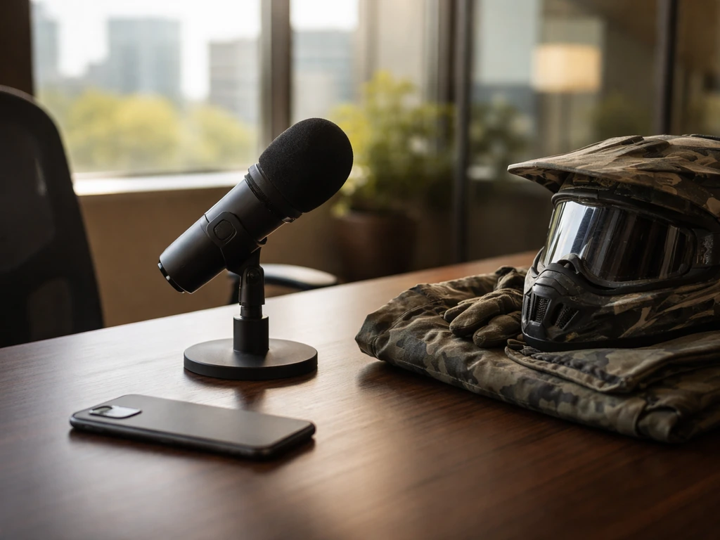 Quiet luxury office desk with a TV microphone and outdoor-themed gear suggesting media and business wealth