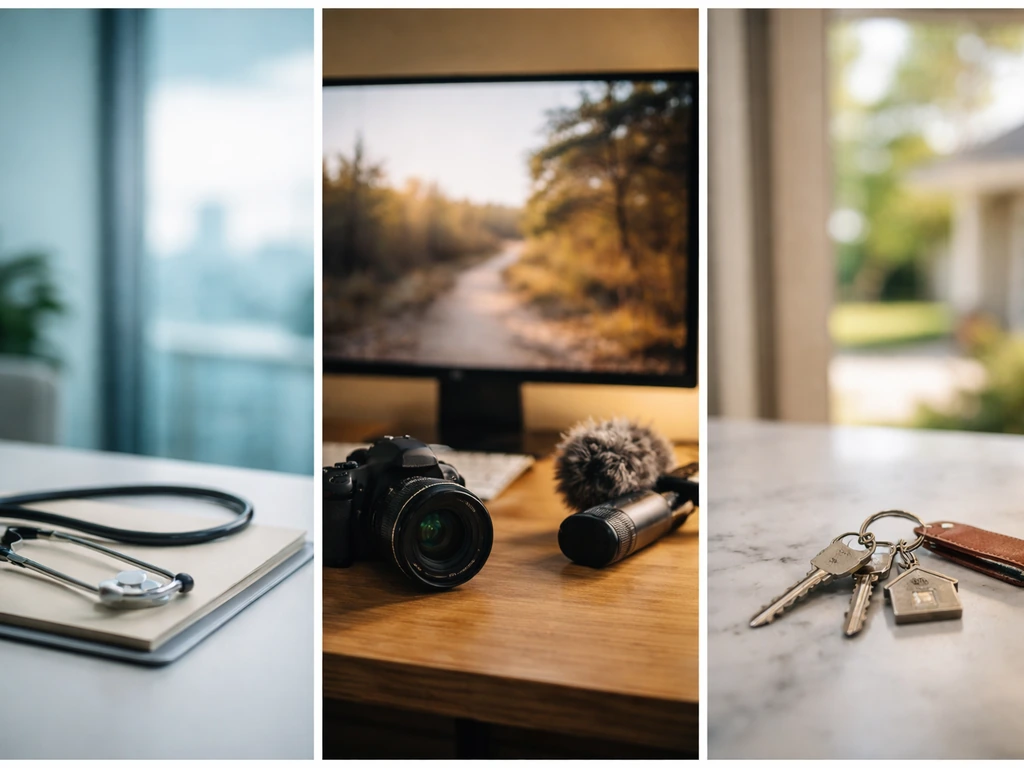 Minimal photo-style split scene symbolizing healthcare executive pay, outdoor media work, and property assets
