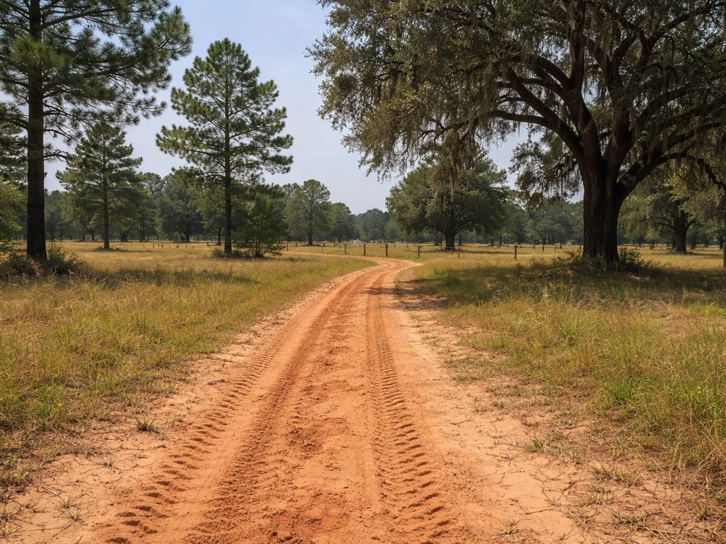 ATV trail on a quiet Louisiana-style ranch property with trees and open land in golden-hour light.