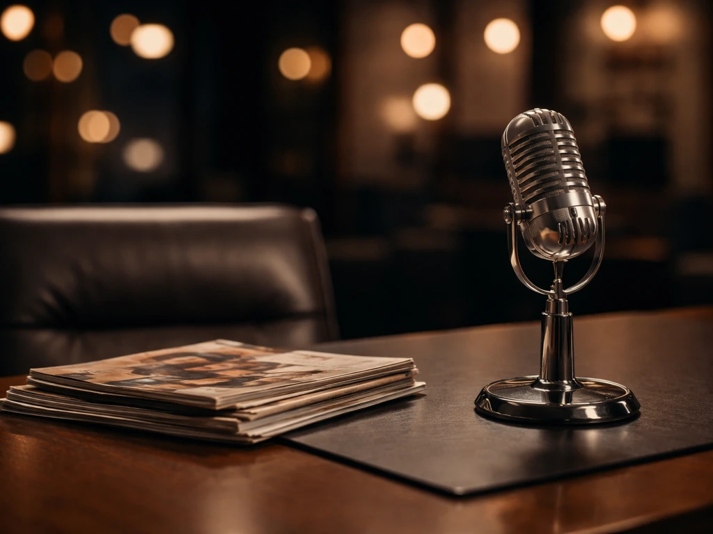 Empty TV studio desk with a vintage microphone and softly lit office items symbolizing celebrity media
