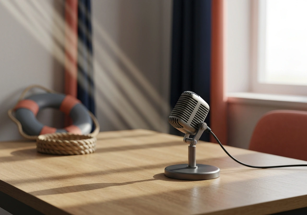 Sunlit studio desk with a vintage microphone and Baywatch-era style nautical decor, symbolizing TV-era income