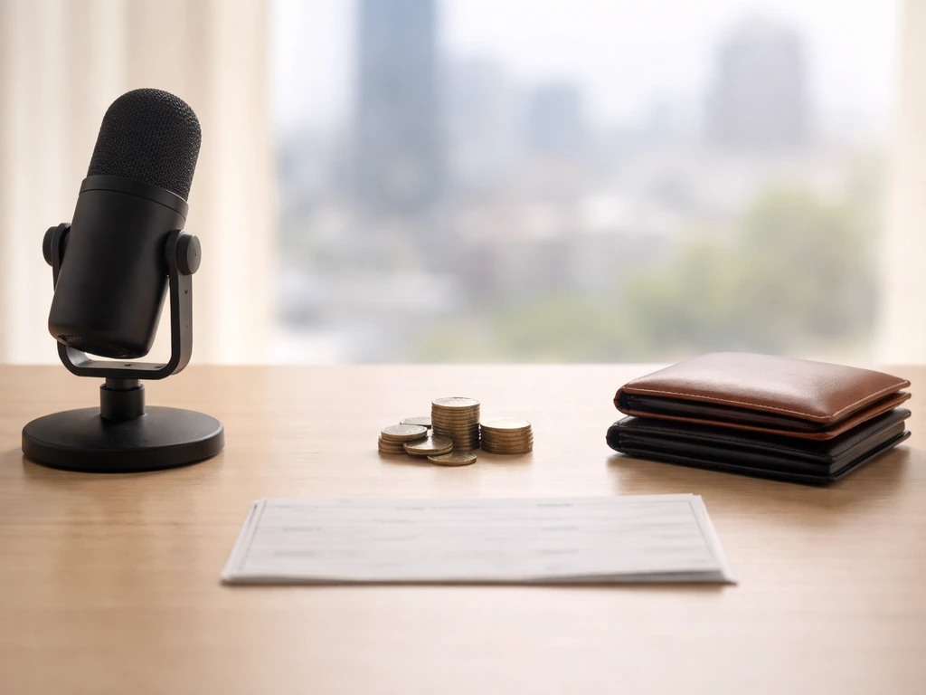 Minimal photo of a studio desk with microphone and neatly arranged cash-like props symbolizing media earnings comparison