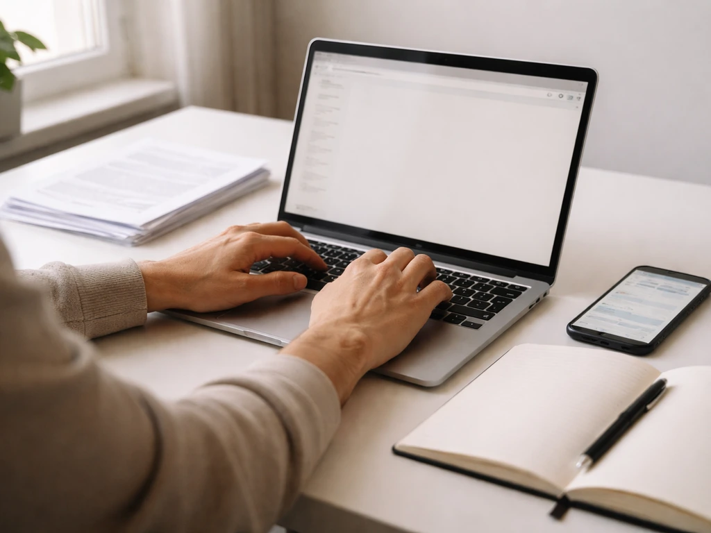 Person verifying entertainment and finance estimates using a laptop with bookmarks and a notebook