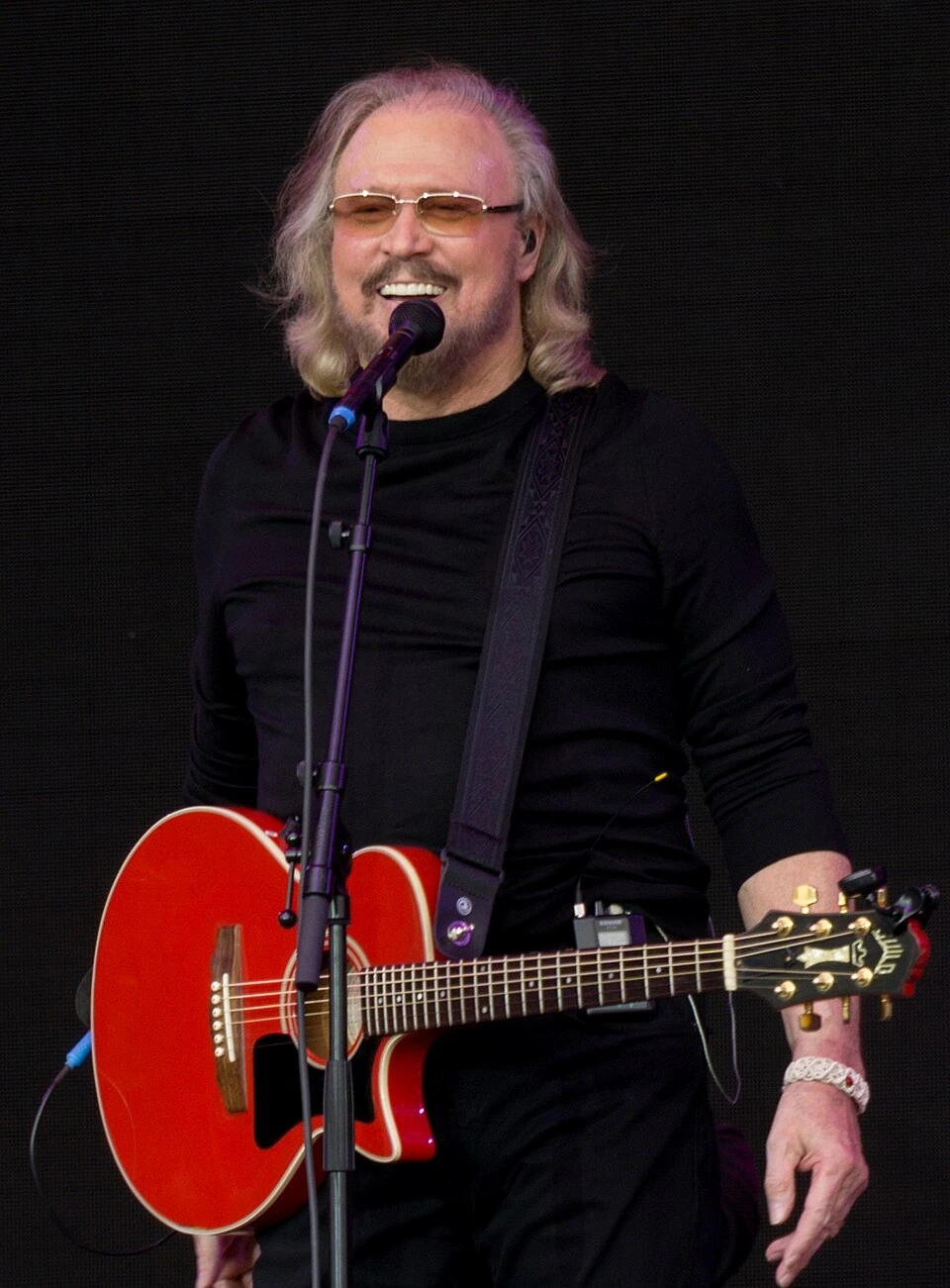 Barry Gibb performing onstage with a guitar