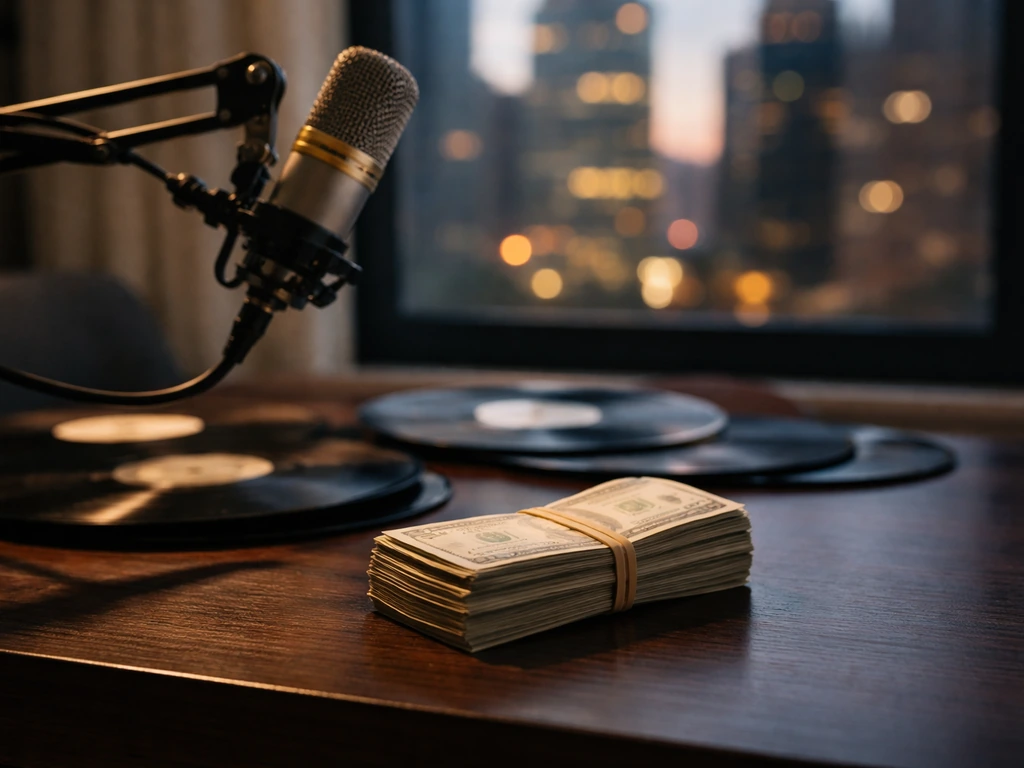 Studio desk with vintage microphone and cash bundle, blurred city window—symbolic wealth and media context