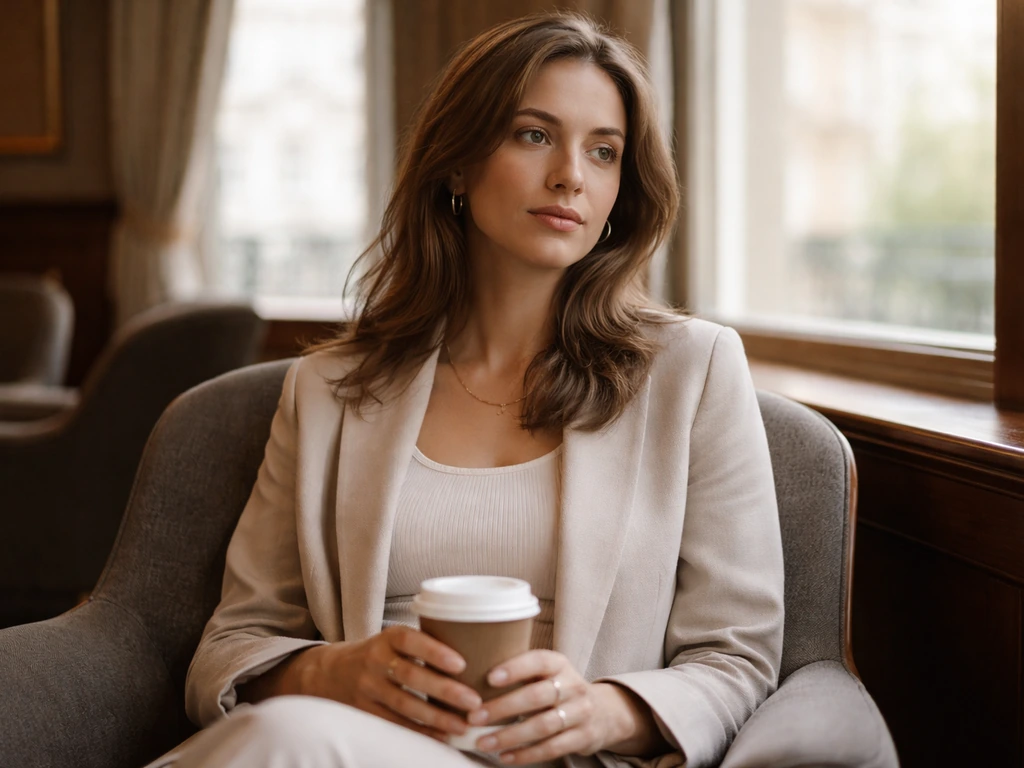 A woman in a quiet London lounge with soft natural light, symbolizing the relationship story behind Linda Gibb.