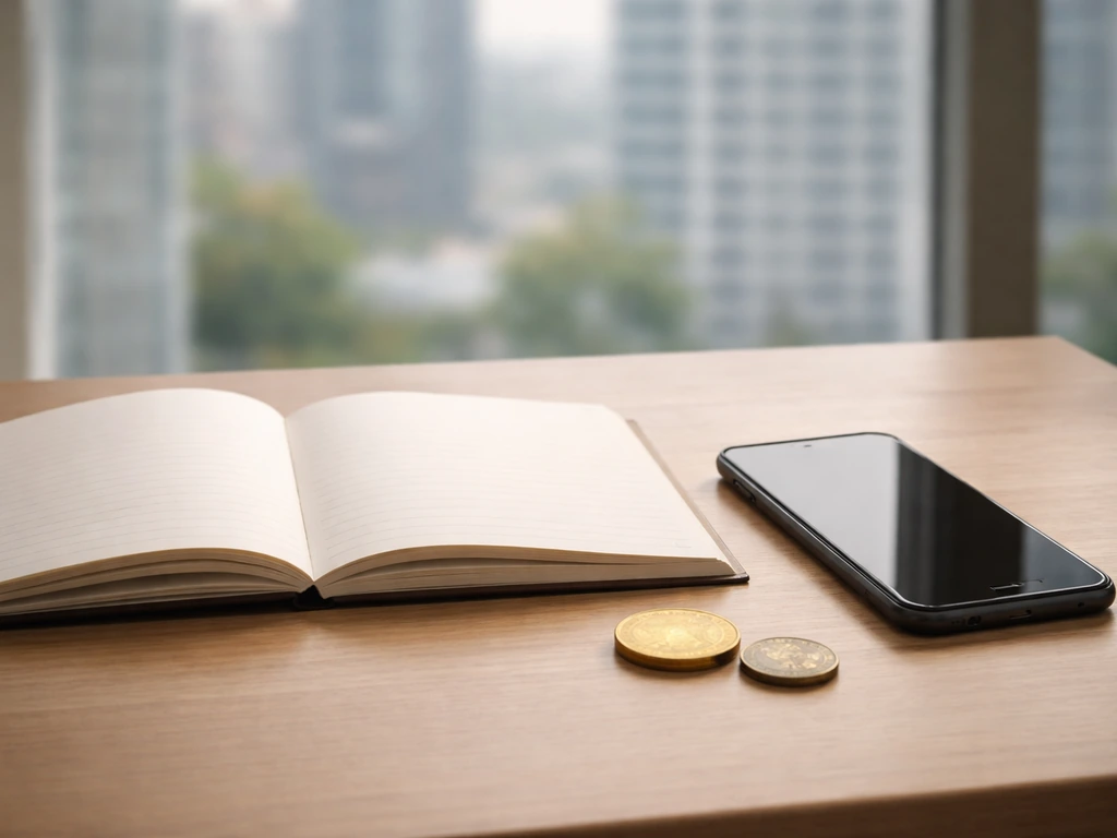 An open notebook beside two jewelry-like coins and a smartphone on a tidy desk, symbolizing net worth vs household conte