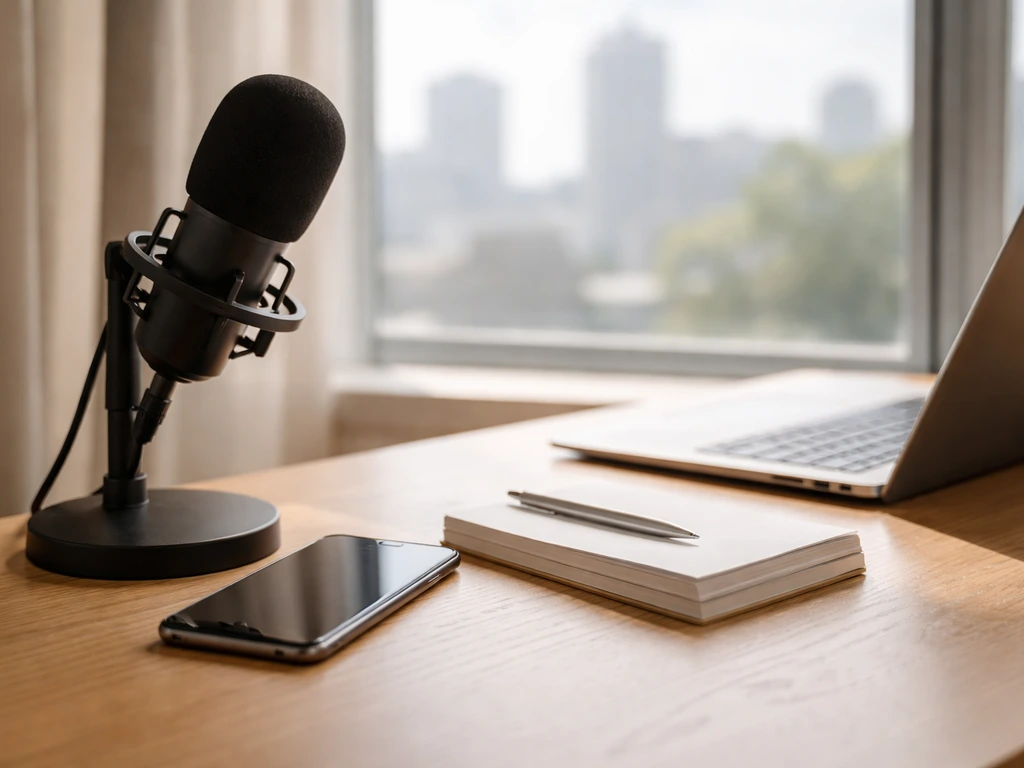 Minimal photo of a media executive-style desk with a microphone, smartphone, and blurred city skyline window.
