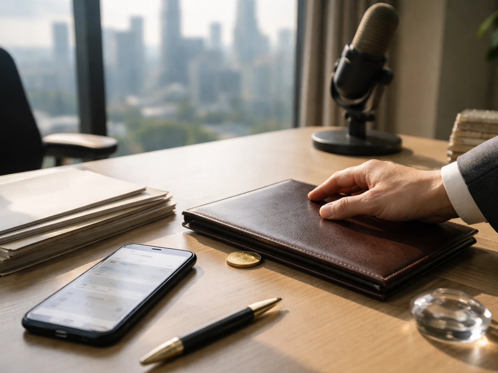 Minimal media-office desk scene symbolizing wealth and finance with microphone, folder, and gold coin.