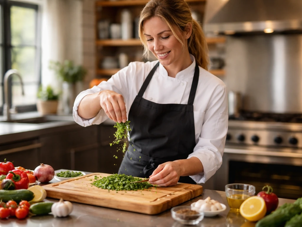 Anonymous chef in a TV-style kitchen tossing herbs at a stainless prep counter.