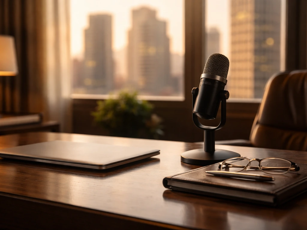 Minimal luxury office desk with laptop and microphone, warm light, blurred city skyline behind.