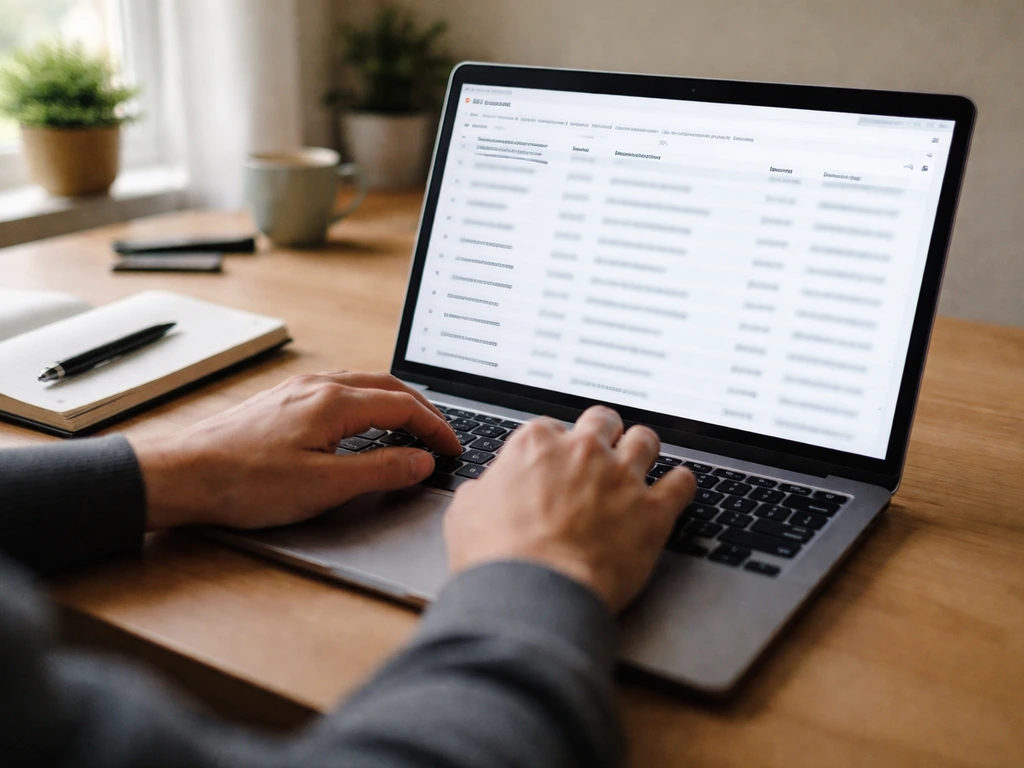 Hands on a laptop showing anonymous SEC filing page layout for verifying compensation and equity updates