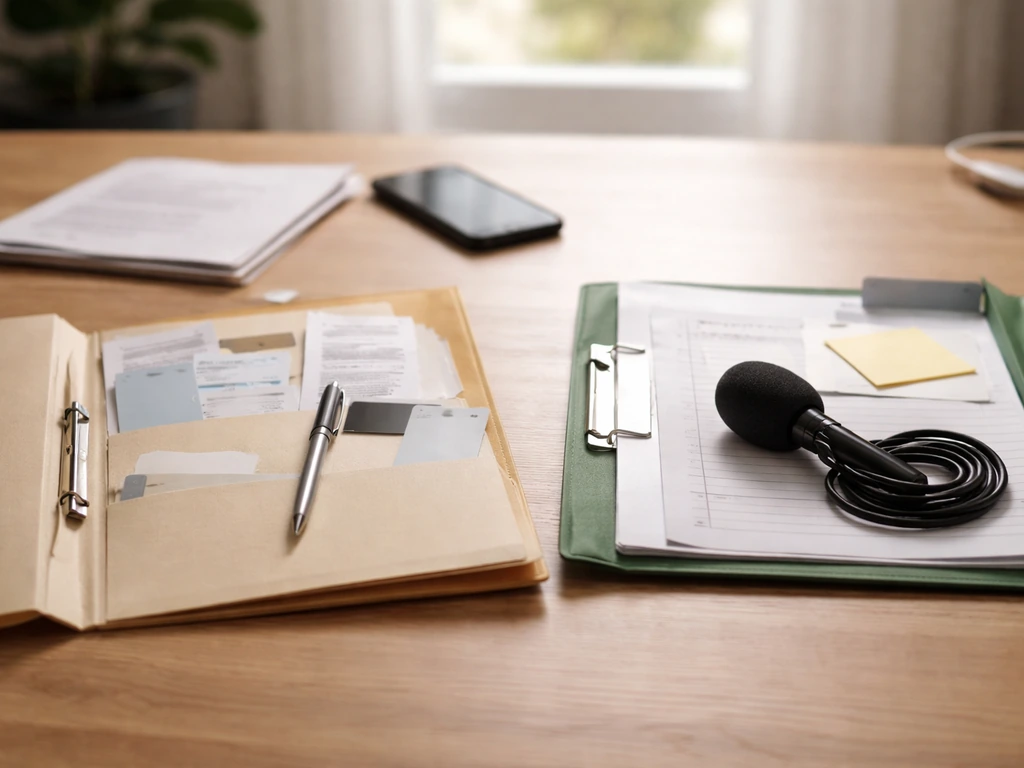 Minimal office desk scene suggesting multiple similar online profiles via separated folders and business items