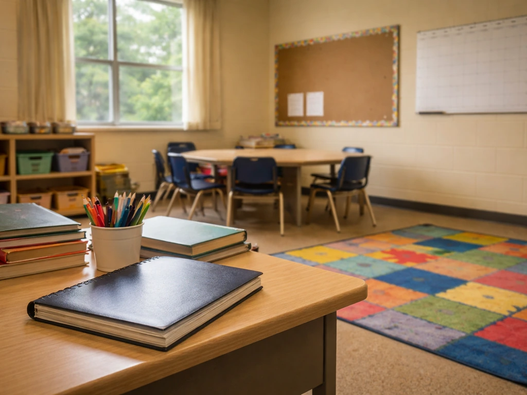 Empty middle school classroom in Louisiana setting, with a teacher desk and teaching materials