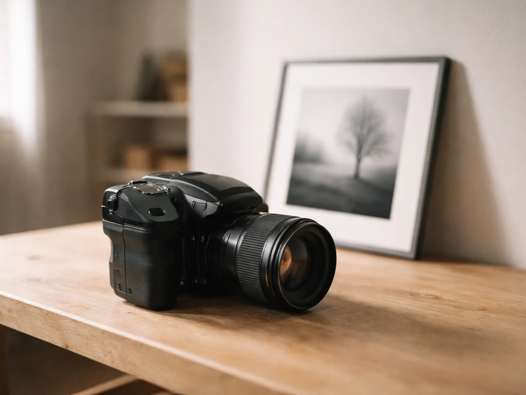 Minimal studio scene with a camera on a desk and a fine-art print nearby, symbolizing a photographer’s career.