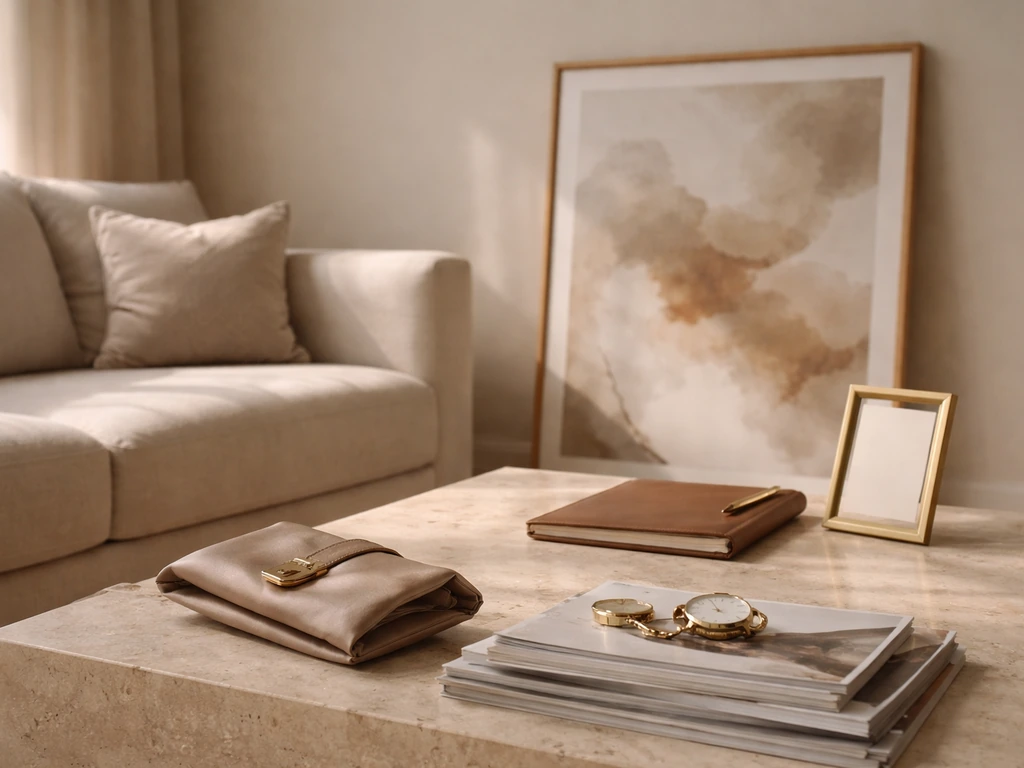 Sunlit living room scene with abstract art and luxury objects suggesting shared household wealth and creative media work