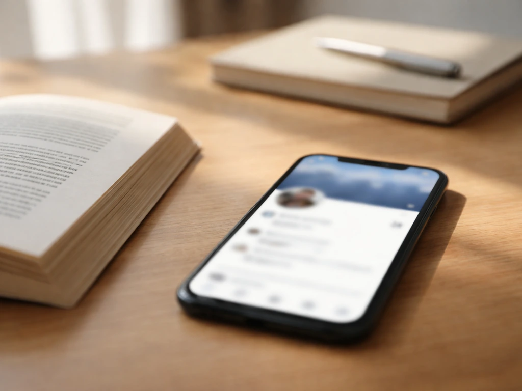 Minimal desk scene with a book and smartphone showing an indistinct social profile header-like area